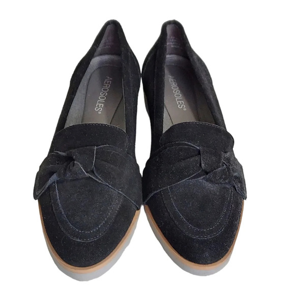 Aerosoles Black Suede Sidewalk Bow Trim Pointed Toe Small Wedge Loafers Slip Ons - Picture 1 of 14